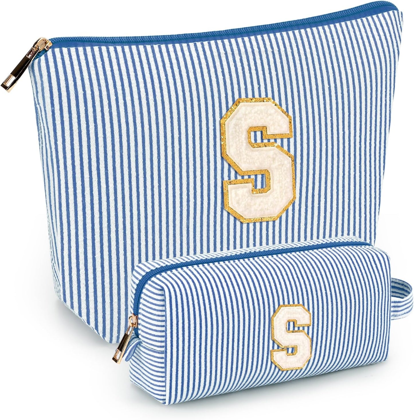 2 PCS Initial Makeup Bags for Women: Cosmetic Bag for Travel Toiletry - Birthday Gifts for 11 12 13 14 15 16 17 18 Years Old Girl Graduation Teacher Gift- Teen Girl Gifts Trendy Stuff - Blue S