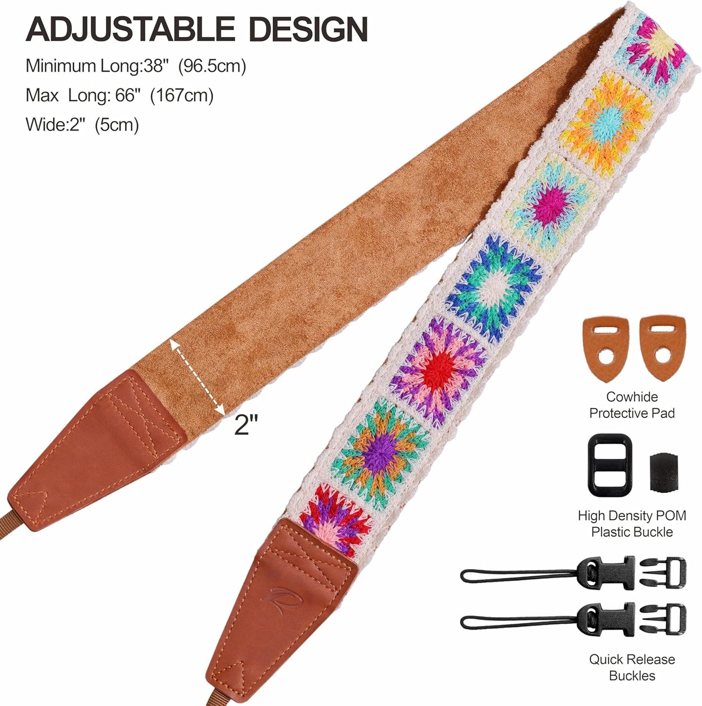 Padwa Lifestyle White Crochet Camera Strap - 2" Full Grain Leather Ends Camera Straps for Photographers, Vintage Embroidered Cotton Soft Suede Fabric Padded Strap with Quick Release fits All Cameras