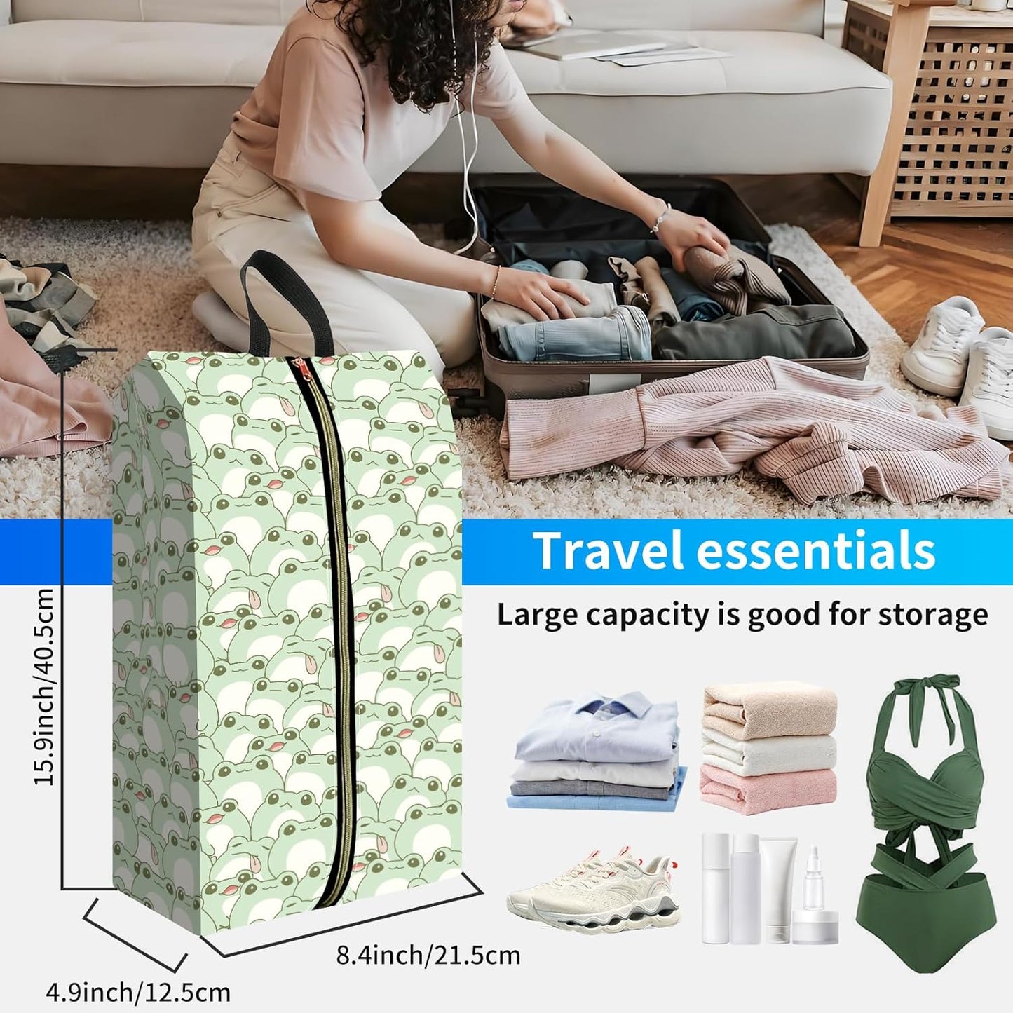 2pcs Shoe Organizer for Travel, Packing Shoe Travel Bags, Cute Shoe Bag with Zipper & Handle, Portable Travel Essentials for Women and Men Green Frogs