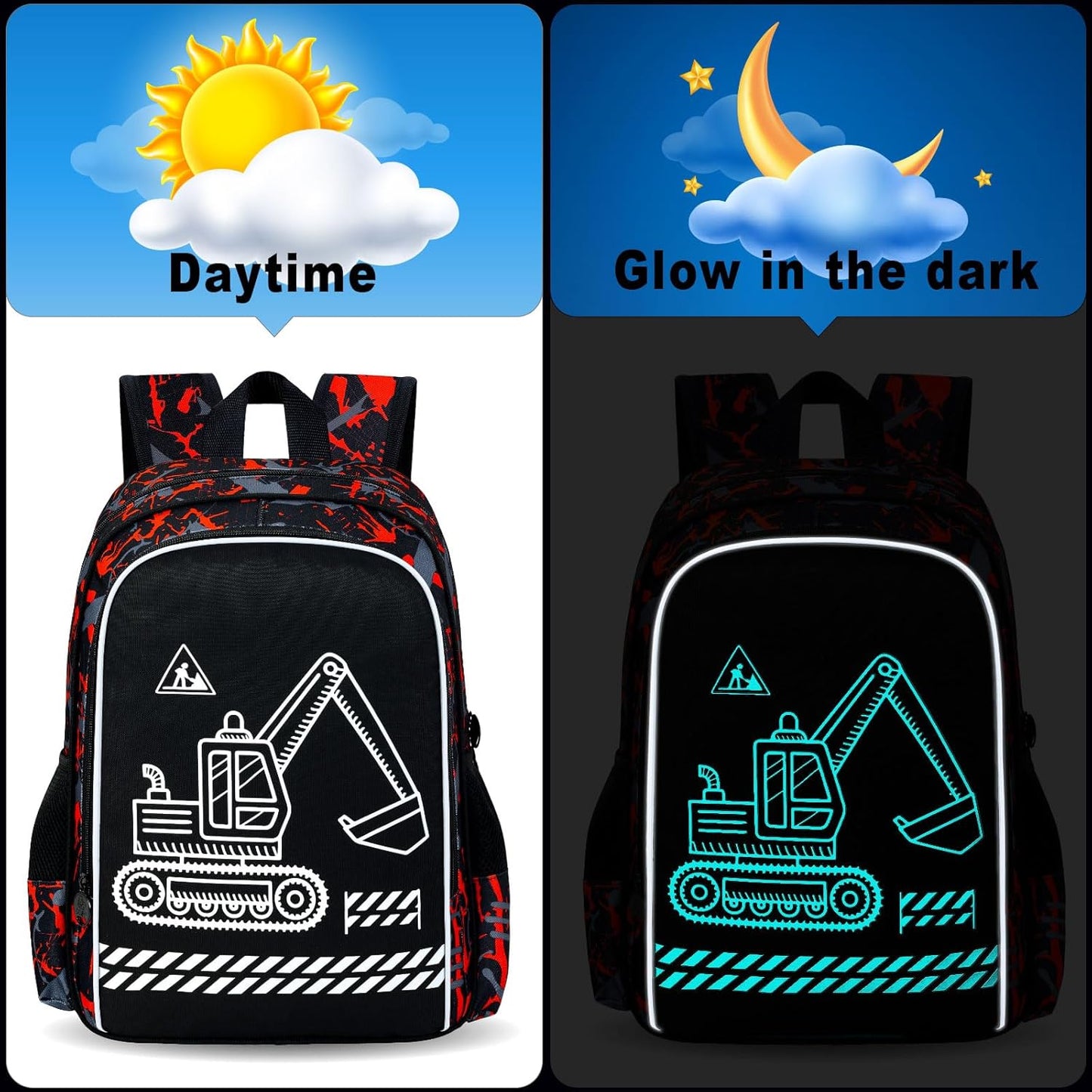 17 Inches Glow in The Dark Excavator Backpack for Boys, 3Pcs Digger School Bookbag Set for Teens, Laptop Backpacks with Lunch Bag(Red)