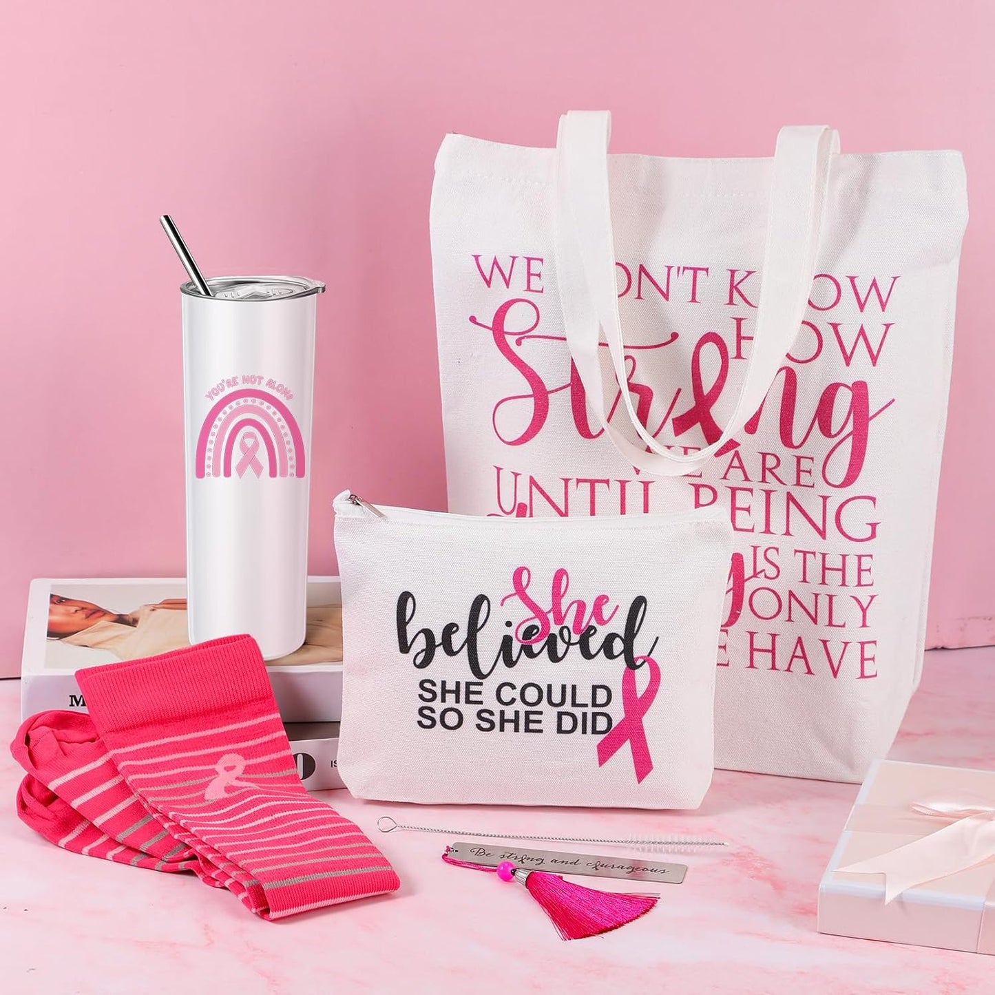 Silkfly 5 Pcs Book Lovers Gifts Set, Gifts for Book Lovers, Includes 20 oz Wine Tumbler Socks Bookmark Tote Bag and Cosmetic Bag (Pink Ribbon)