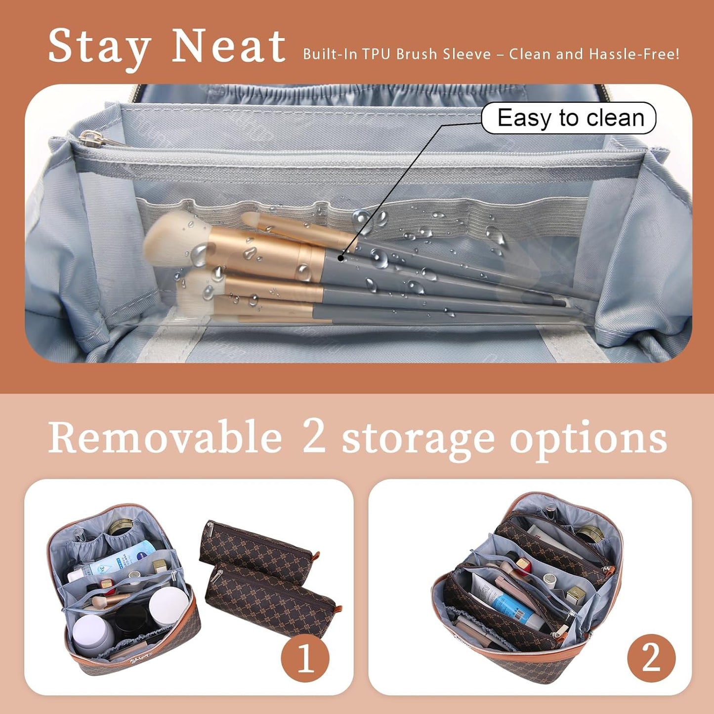 BOYATU Travel Makeup Bag Cosmetic Bags for Women: 3 Pcs Set Large Portable Make up Bag with Handle - Vegan Leather Toiletry Bags with Compartments - Makeup Organizer for Travel Essentials(A-1-Coffee)