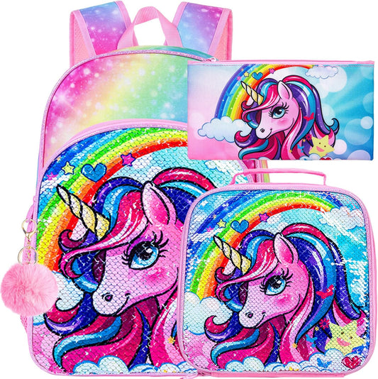 16" Backpack for Girls Boys 4-8, 3Pcs Kids Bookbag Set with Lunch Box, School Bag for Preschool Kindergarten
