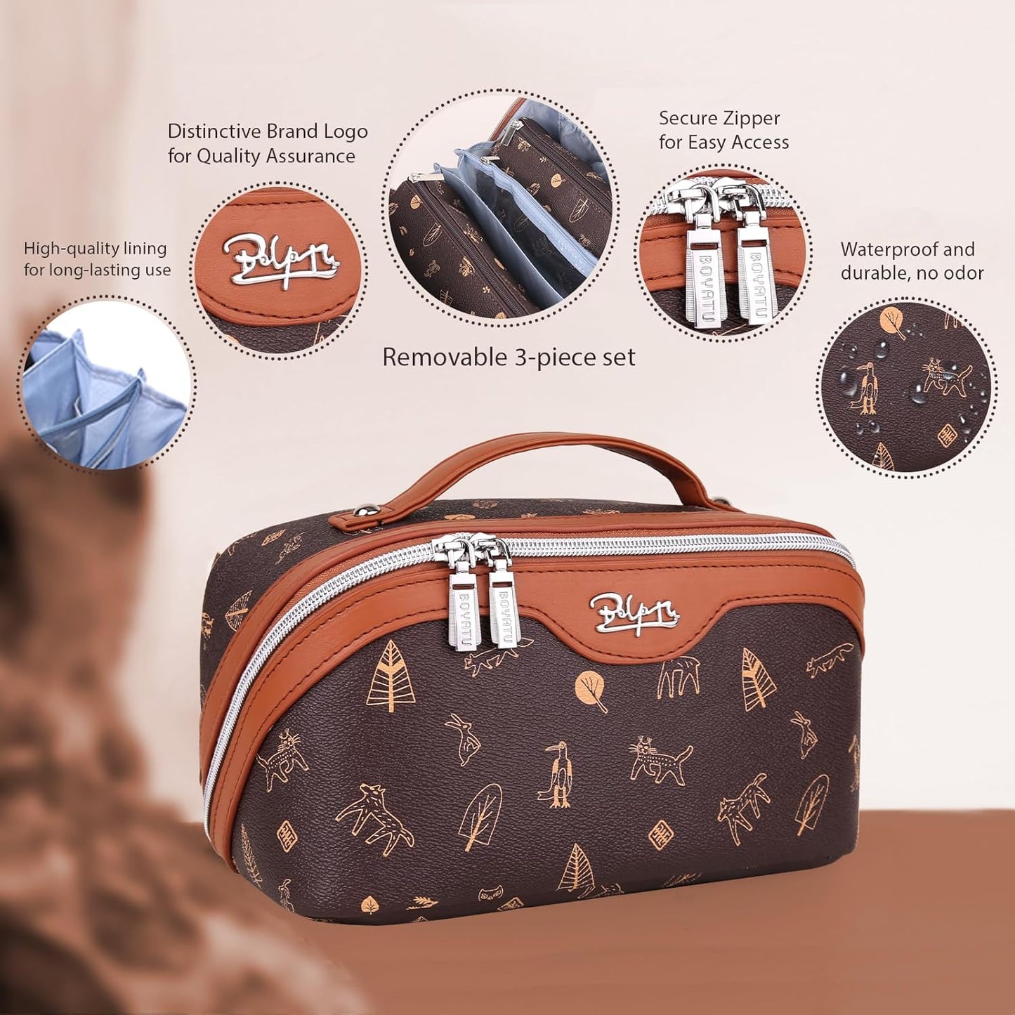 BOYATU Travel Makeup Bag Cosmetic Bags for Women: 3 Pcs Set Portable Make up Bag with Handle - Vegan Leather Toiletry Bags with Compartments - Makeup Organizer for Travel Essentials(L-1-Brown)