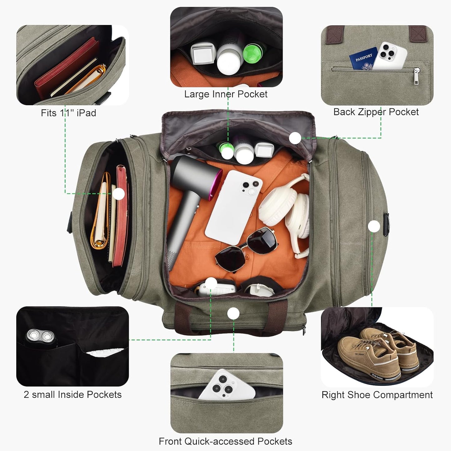 Felipe Varela 60L Duffle Bag for Men, Large Expandable Canvas Duffel Bag for Travel, Mens Carry On Luggage Bag Traveling Weekender Gym Overnight Bags for Airplanes, Green