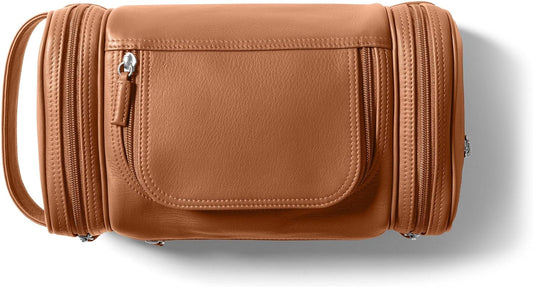 Leatherology Cognac Multi Pocket Toiletry Bag - Main top zippered compartment with additional side and front zippered pockets
