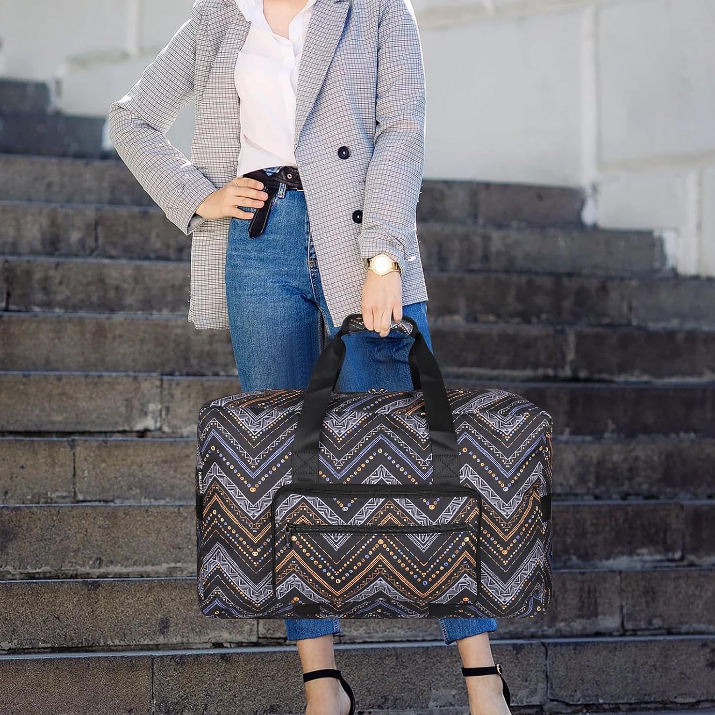 F.FETIVIN Weekender Bag Carry On Travel Duffle Medium Overnight Bag for Women (Wavy Stripes)