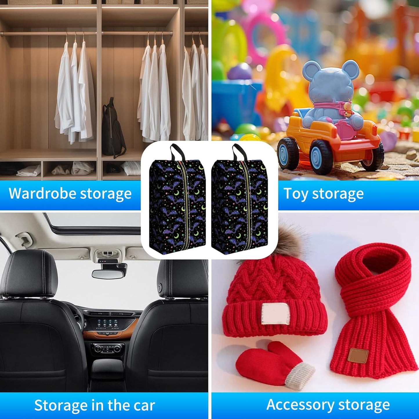 2pcs Shoe Organizer for Travel, Packing Shoe Travel Bags, Cute Shoe Bag with Zipper & Handle, Portable Travel Essentials for Women and Men Neon Bats