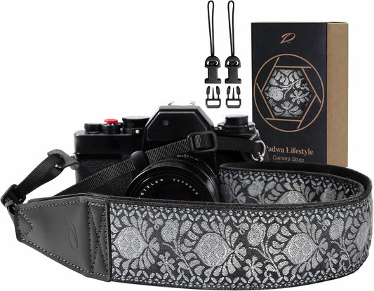 Padwa Lifestyle Gray Flower Camera Strap - 2" Full Grain Leather Ends Camera Straps for Photographers, Vintage Embroidered Cotton Weave Soft Suede Fabric Padded Strap Quick Release fits All Cameras