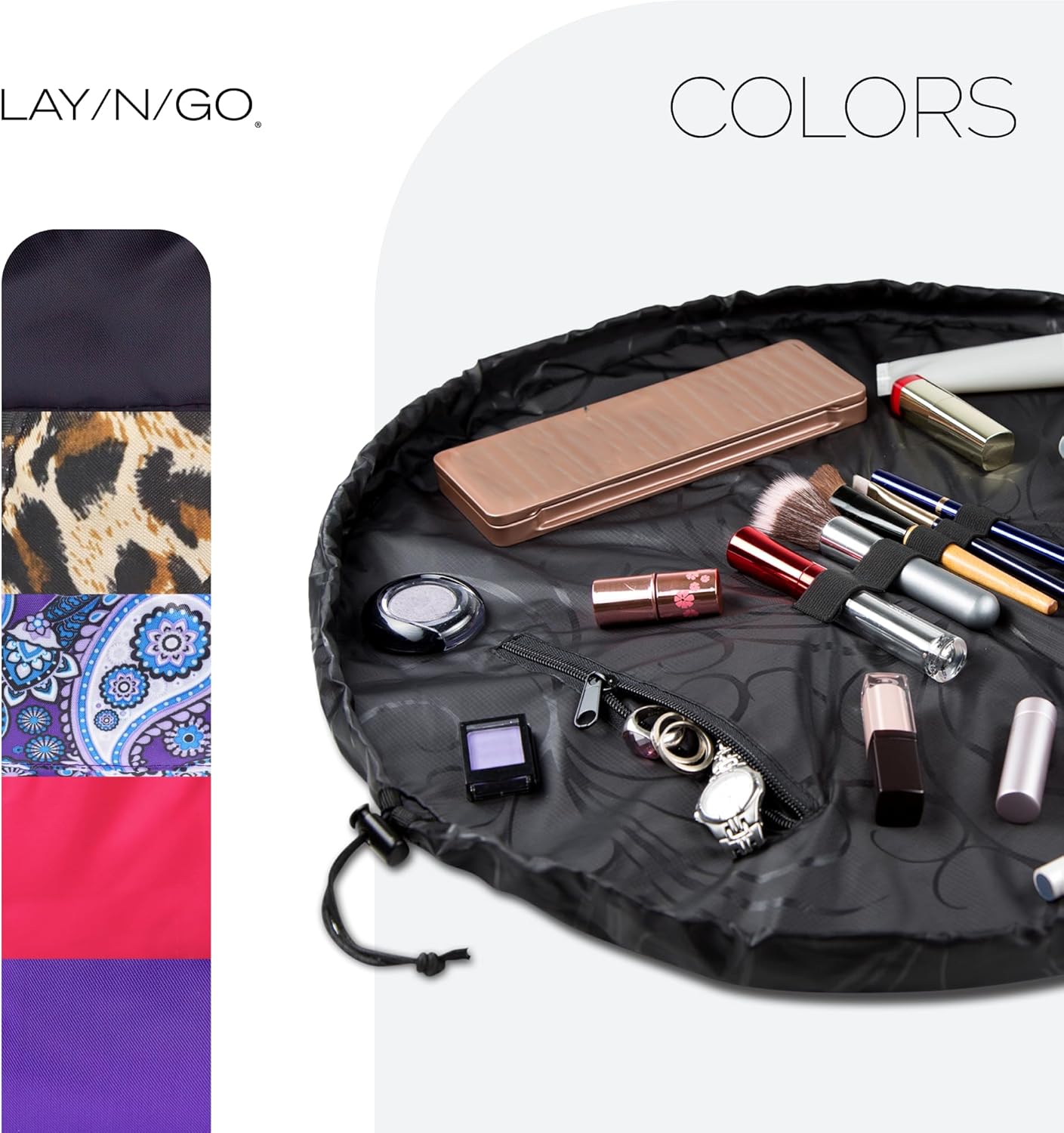 Lay-n-Go Cosmo Layflat Cosmetic & Makeup Bag Organizer - Portable Drawstring Bag w/Zipper Pocket, Brush Storage Loops & More - Durable, Machine Washable Toiletry Bag for Travel (22", Black)