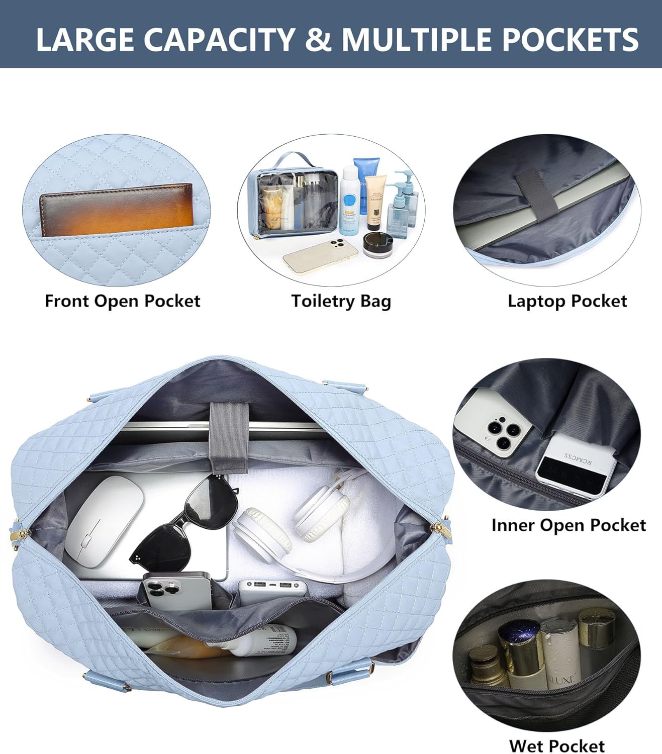 Travel Overnight Bag Weekender Bags- Duffle Bags Women with Shoe Compartment Carry on Overnight Bag with Toiletry Gym Duffel with Wet Pocket Hospital Bags Light Blue