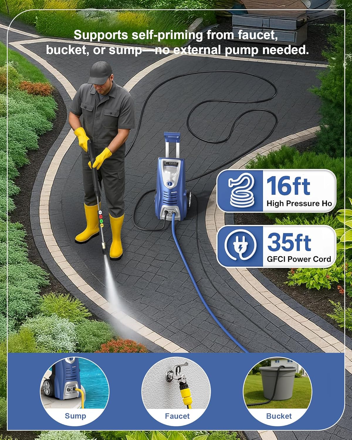 1600W Washer with 5Nozzles Set&Foam Cannon,16ft Hose,Adjustable Handle,Power Washer for Driveways, Cars, Fences, Decks, Patios&Outdoor Cleaning