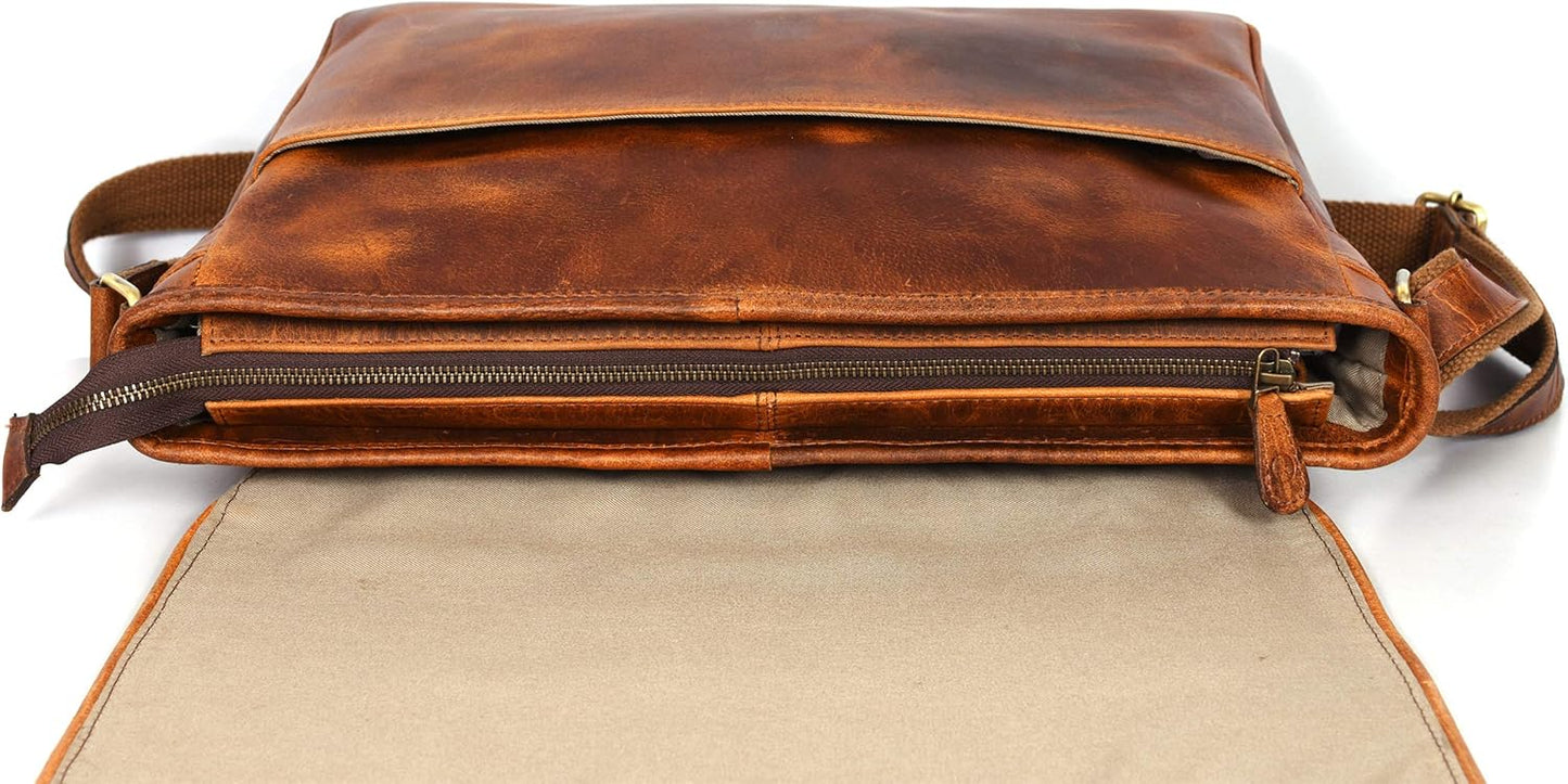 16" Crossbody Bag Leather Laptop Messenger Bag For Men with trolley sleeve for school office (Caramel)