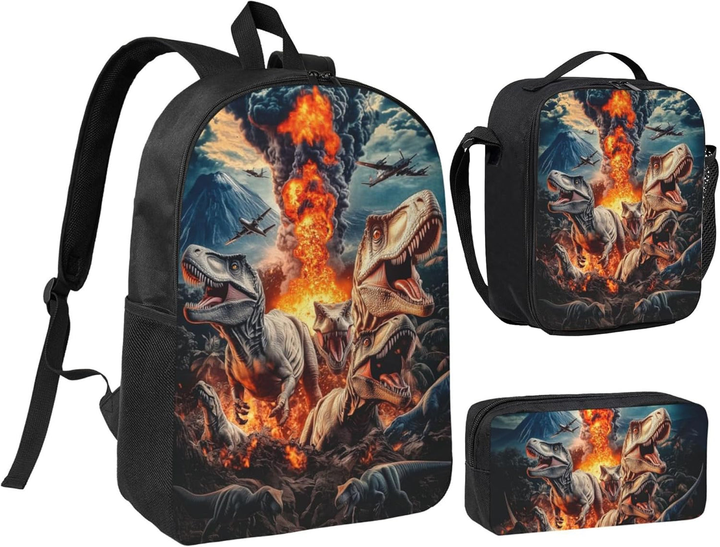 Dinosaur Kid Backpack Set with Lunch Bag & Pencil Case Large Capacity School Bag 17 Inch Bookbag for Boy Girl