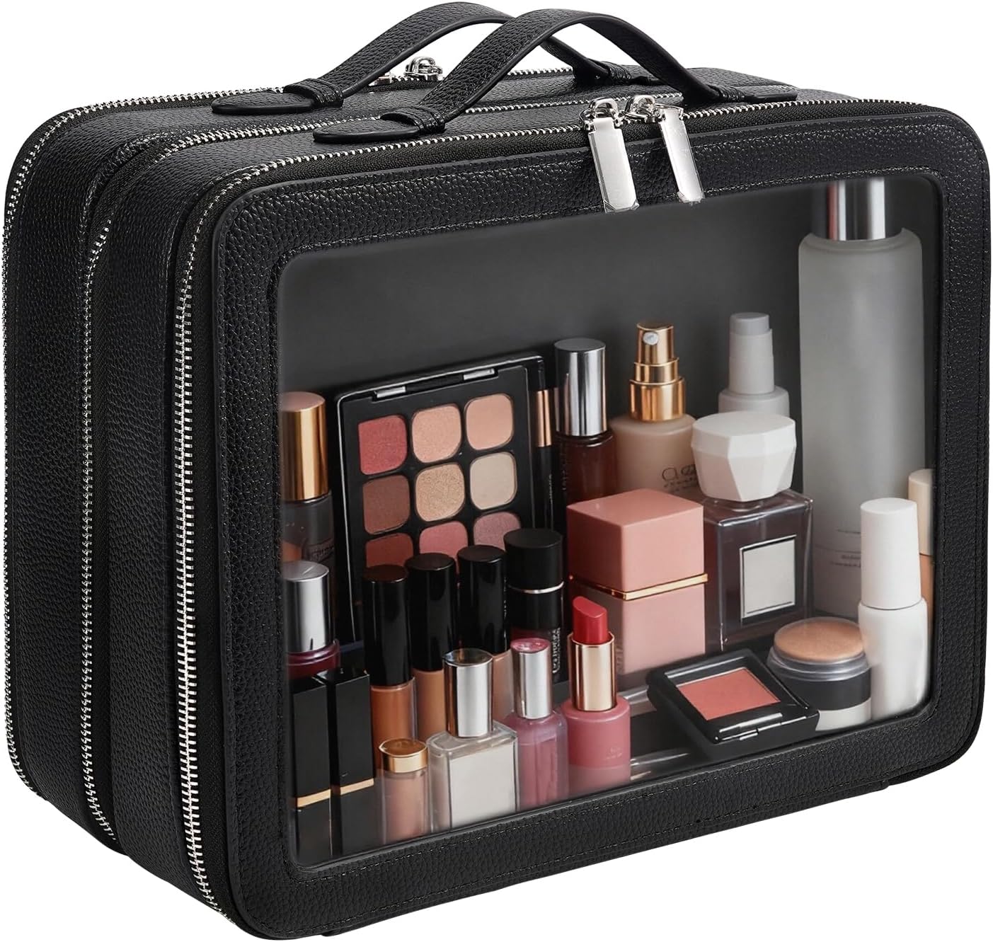 Clear Makeup Bag,Large Toiletry Case for Women,PU Leather Travel Cosmetic Bag,Detachable Makeup Case,Double Compartment Make up Organizer