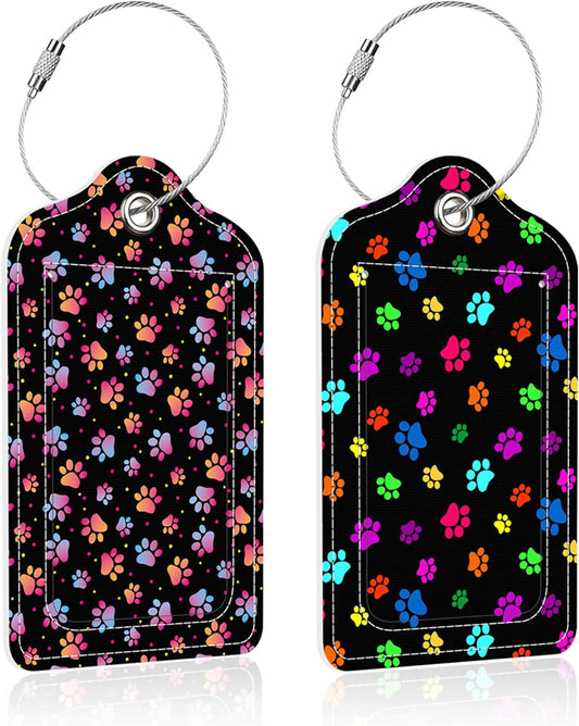 2 Pack Colorful Dog Paw Luggage Tag for Suitcase,Colorful Paw PU Leather Suitcase Tags Identifiers with Privacy Name Address Labels and Steel Loop for Women Men Travel