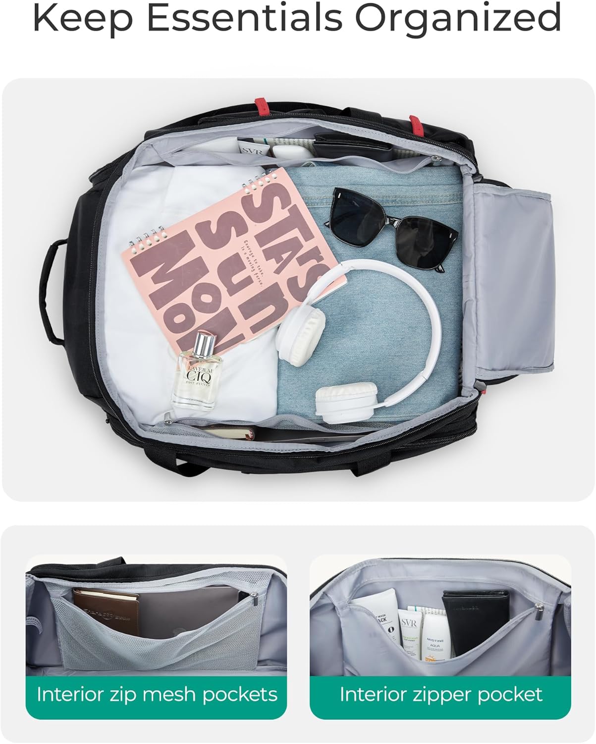 BAGSMART Rolling Duffle Bag with Wheels, 36L Travel Bag with Water-proof Pockets, Airline-Approved Carry On Duffel Bag with Handle, Black