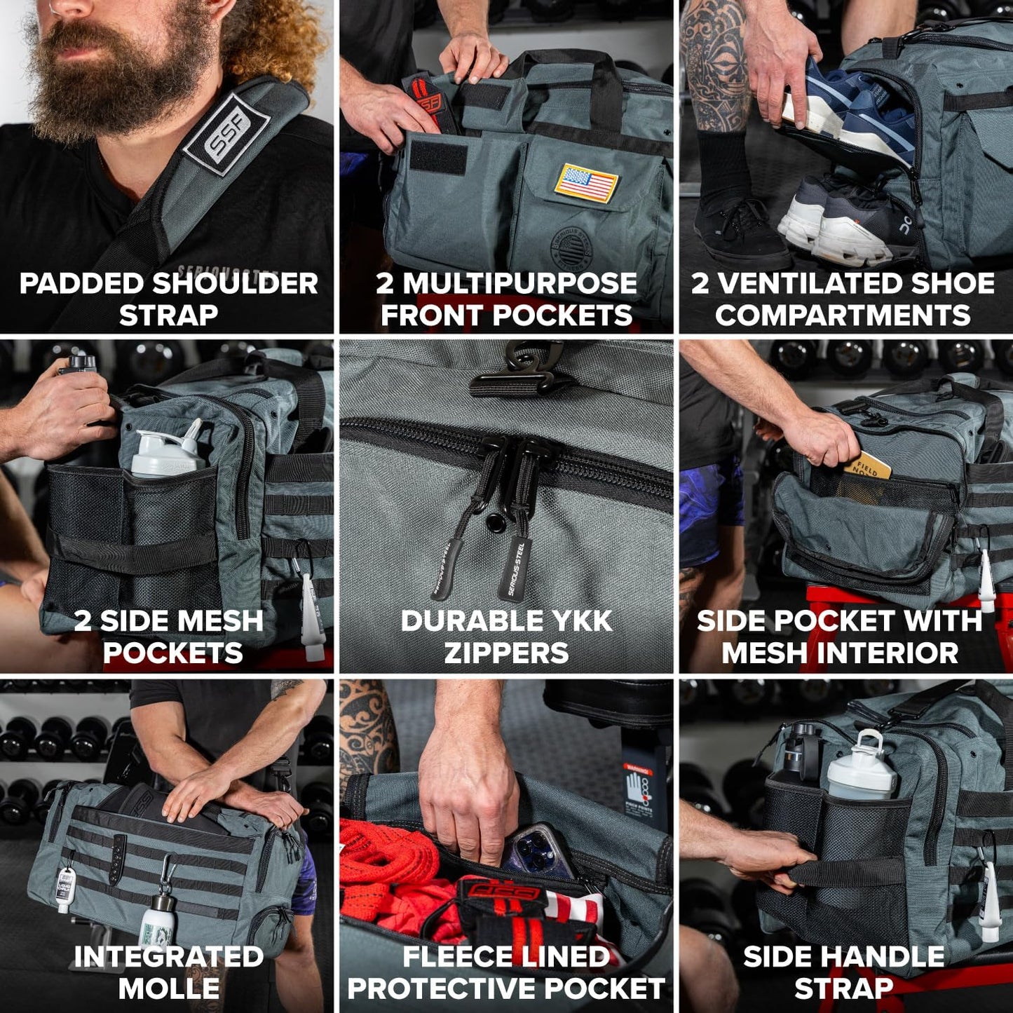 Serious Steel Fitness Gym Bag, 1000D Nylon Duffel Bag, Heavy Duty (Grey - Big Bud 2.0)