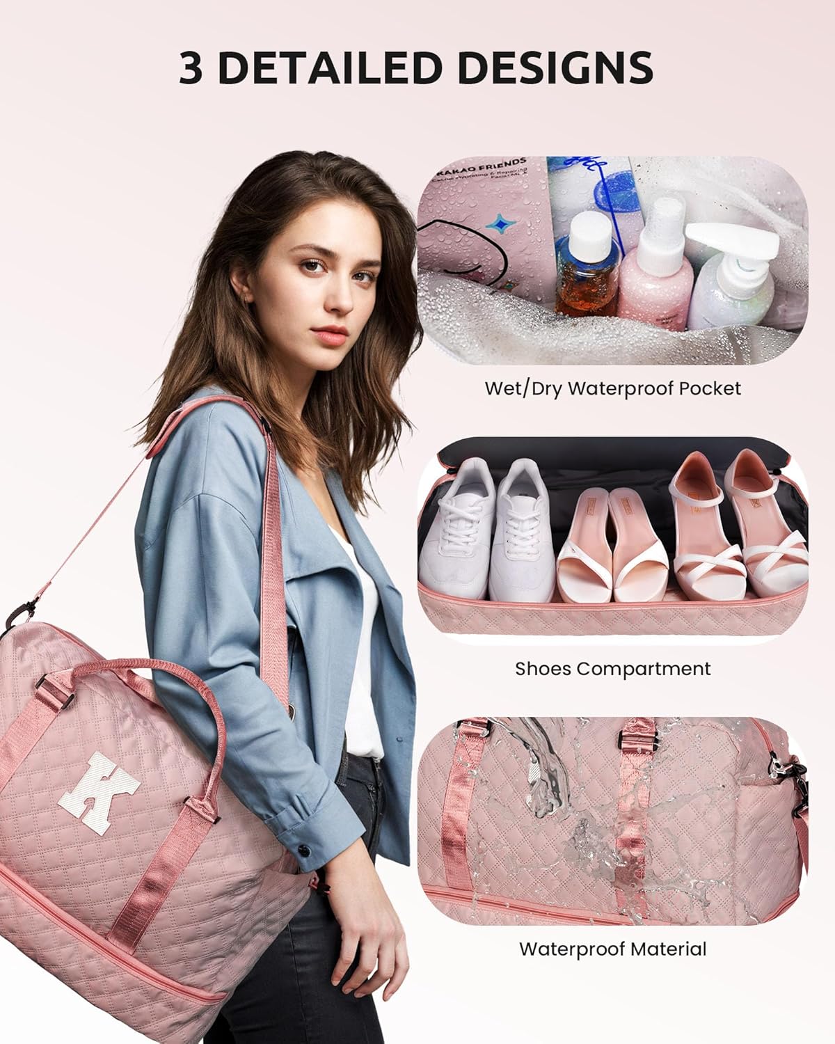 Girls Duffle Bag, Initial Bag, Personalized Weekender Bag with Shoulder Strap, Monogram Overnight Bag for Women Wet Pocket, Letter Travel Bag with Makeup Bag Gifts for Niece (Letter R)