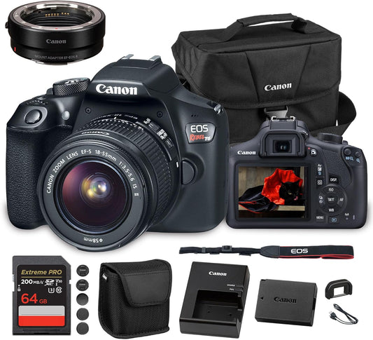 Canon EOS Rebel T6 DSLR Camera with 18-55mm Lens | 18MP APS-C CMOS Sensor, Built-In Wi-Fi & Full HD Video | For Beginners, Travel & Everyday Photography (1159C003) + Adapter EF-EOS R + Bag + 64GB Card