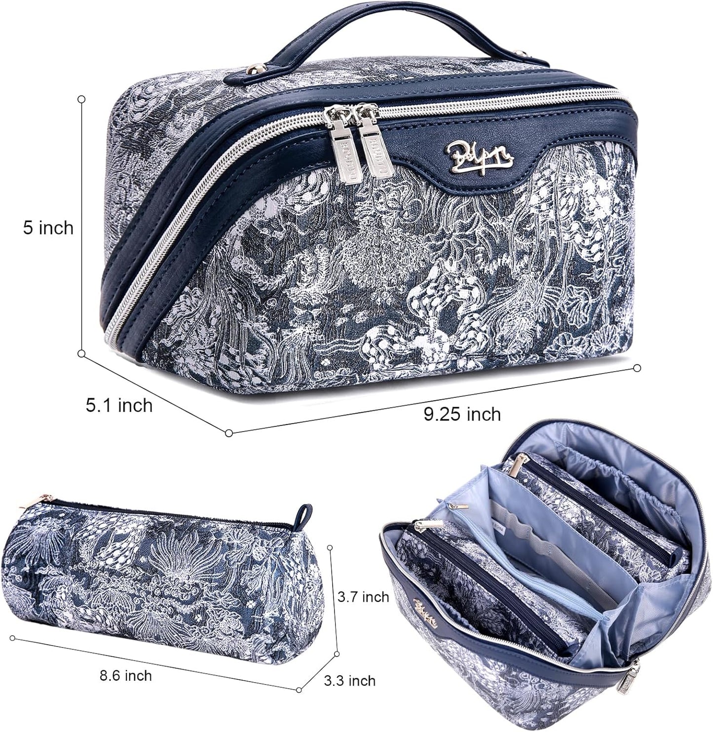 BOYATU Travel Makeup Bag for Women: Large Capacity Make up Bag with Compartments - Vegan Leather Cosmetic Bag set of 3 - Waterproof Toiletry Bag with Handle & Divider(E-3-Blue)