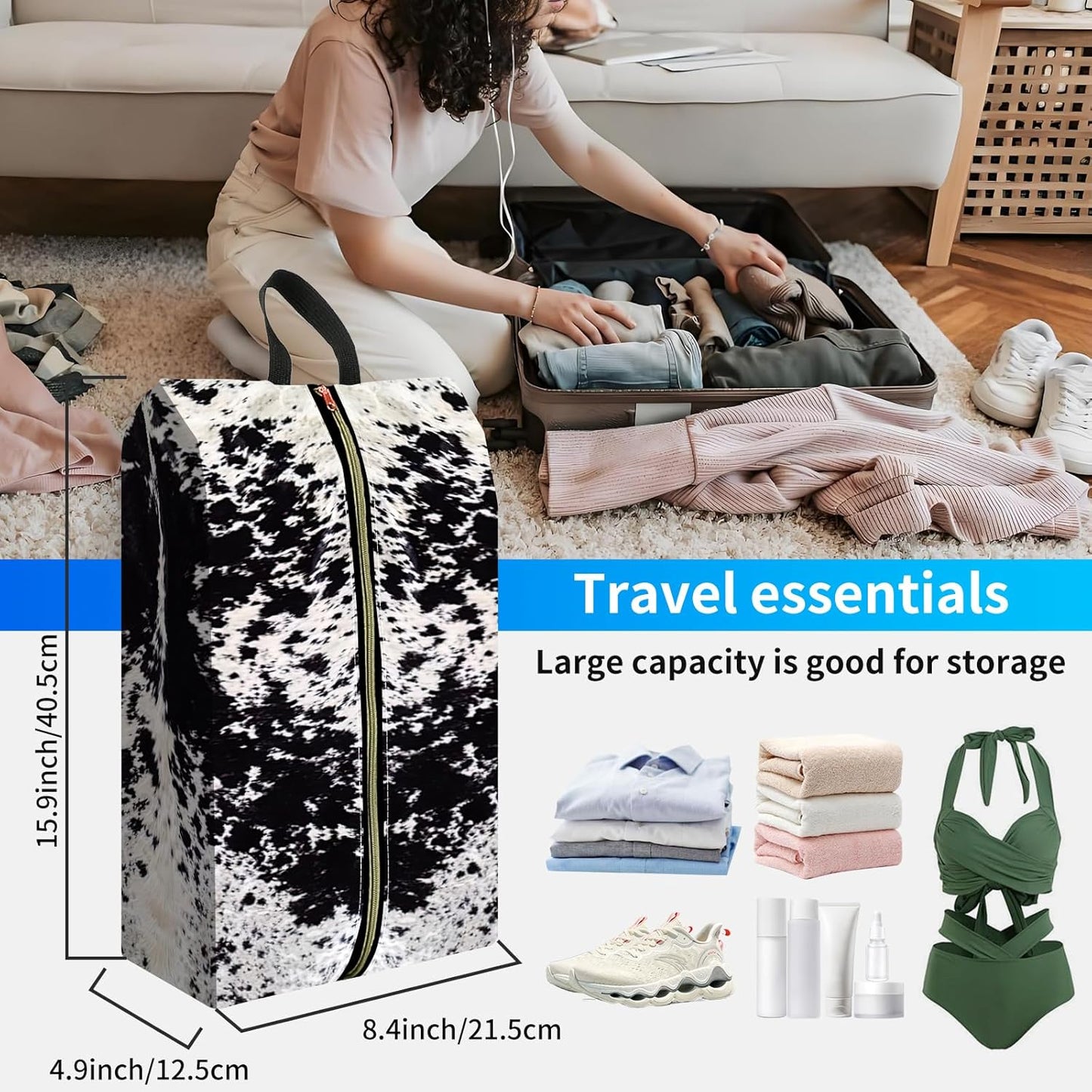 2pcs Shoe Organizer for Travel, Packing Shoe Travel Bags, Cute Shoe Bag with Zipper & Handle, Portable Travel Essentials for Women and Men Black White Cowhide