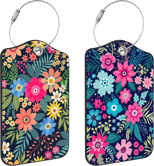 2 Pack Colorful Flowers and Leaves Luggage Tags PU Leather Suitcase Tags with Stainless Steel Loop Privacy Cover ID Label for Women Men Travel Bag Accessories
