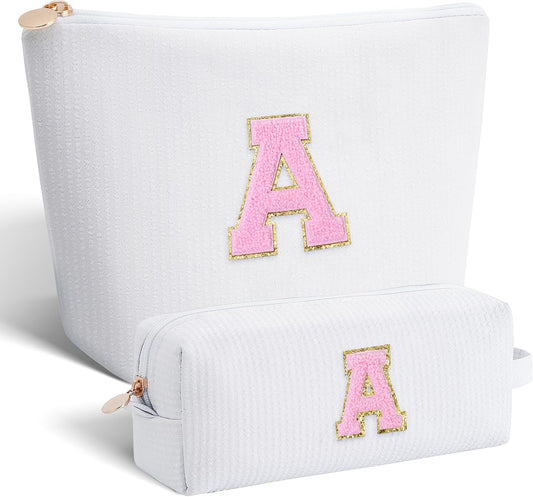 Makeup Bag Set Initials Cosmetic Bag,Gifts for 10 11 12 13 14 15 16 17 18 Years Old Girl Girlfriend Teen Girls Gift Trendy Stuff Personalized Toiletry Bag Travel - White,A