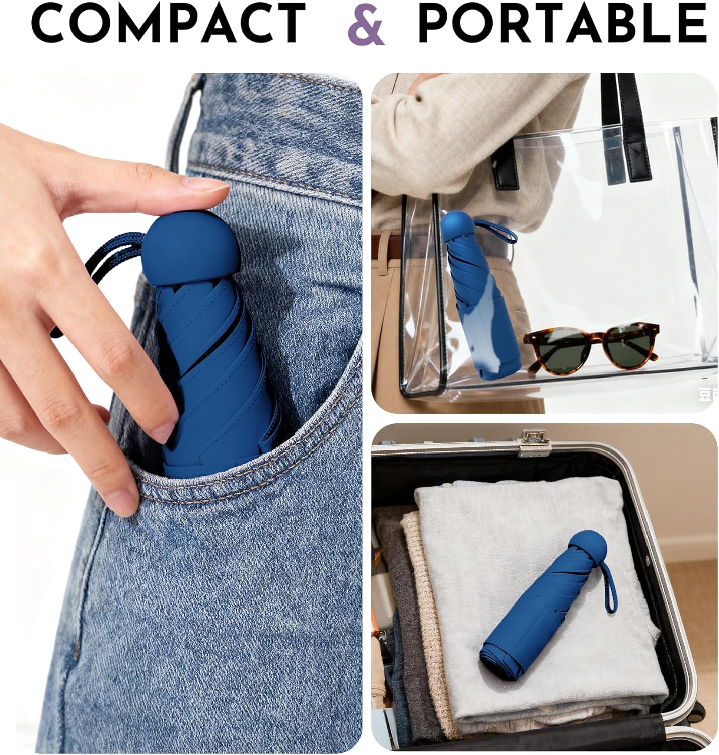Travel Mini Umbrella Compact Small & Lightweight, UV Rain Protection, Pocket-Sized Folding Umbrellas with Quickdraw & Case for Men Women & Kids Backpack