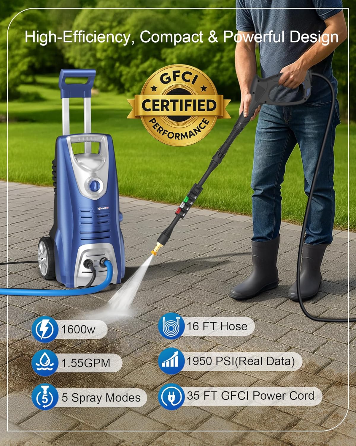 1600W Washer with 5Nozzles Set&Foam Cannon,16ft Hose,Adjustable Handle,Power Washer for Driveways, Cars, Fences, Decks, Patios&Outdoor Cleaning