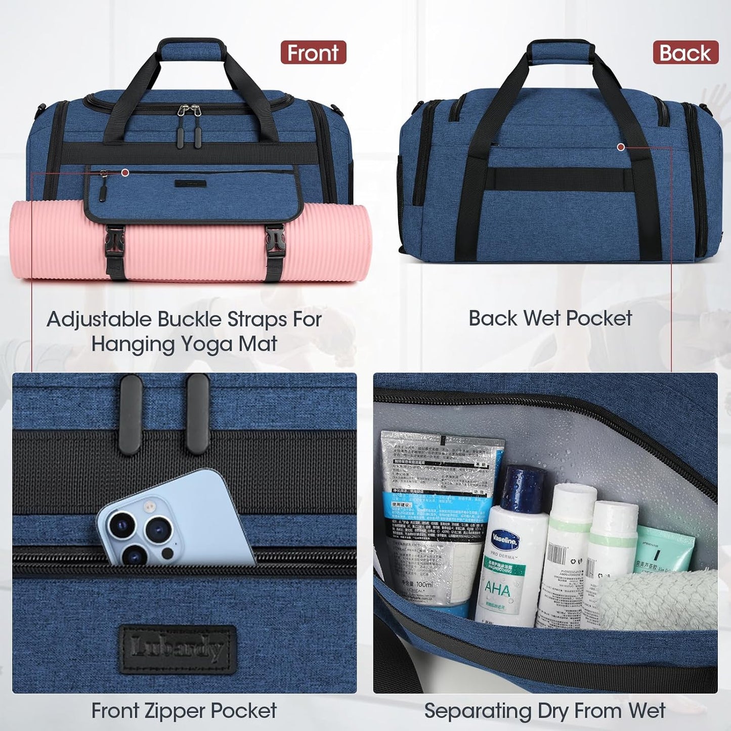 IGOLUMON Gym Bag for Men 55L Sports Duffel Bags Gym Duffle Bag Women with Shoe Compartment & Wet Pocket Water Resistant Travel Duffel Bag Lightweight Weekender Overnight Bag Blue