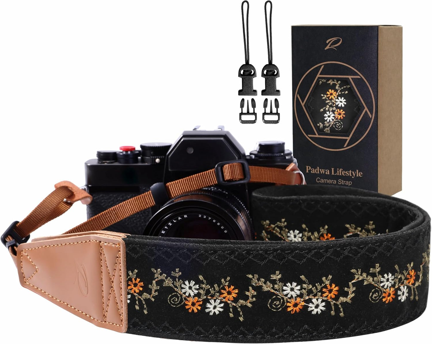 Padwa Lifestyle Camera Strap - 2" Full Grain Leather Ends Camera Straps for Photographers, Vintage Embroidered Cotton Weave Soft Suede Fabric Padded Strap Quick Release fits All Cameras