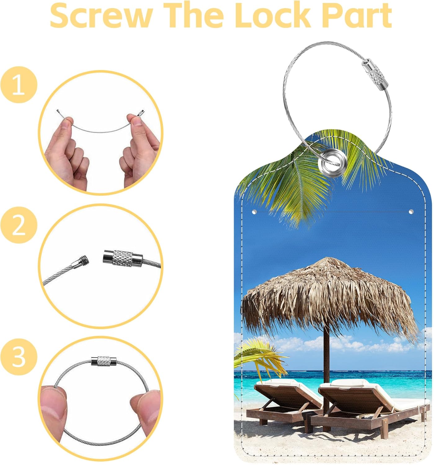 Set of 2 Luggage Tags Chairs and Umbrella in Palm Beach Leather Suitcases Tag with Privacy Cover Stainless Steel Loop and Address Card for Women Men Travel
