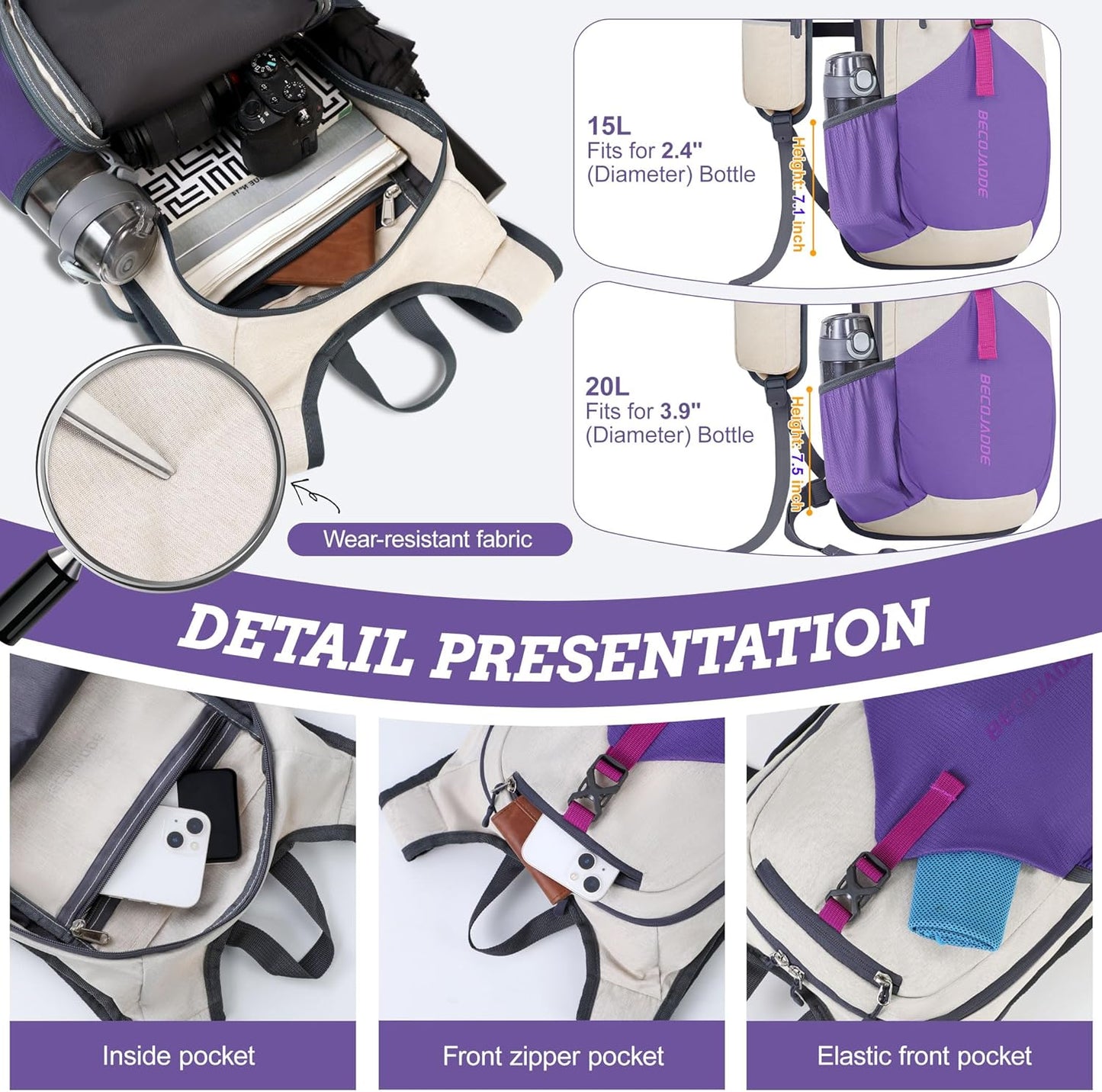 15L Small Hiking Backpack for Men Women Foldable Packable Back Pack Ultralight Hiking Daypack for Travel Camping Outdoor, Beige Purple