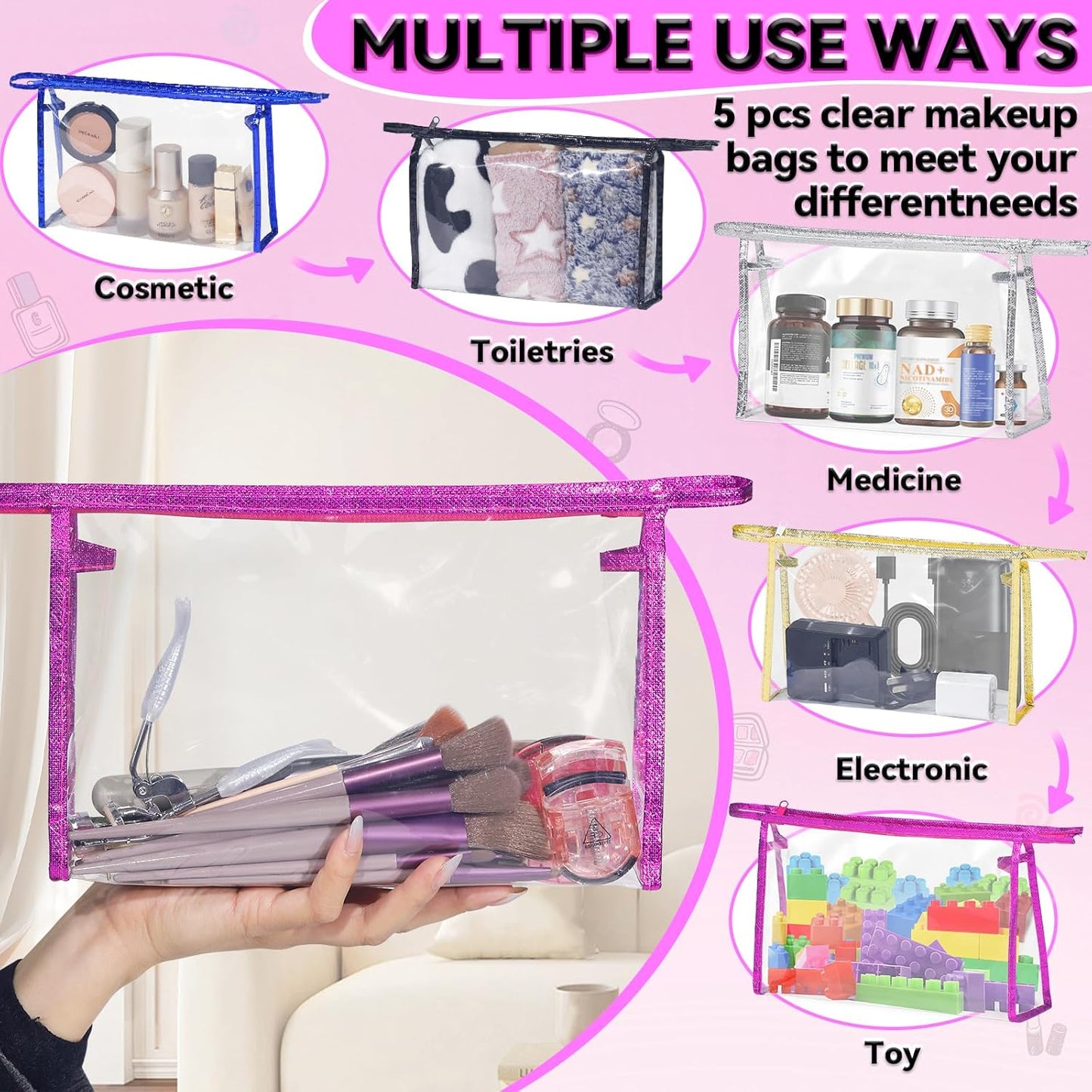 5 Pack Clear Cosmetic Bags Makeup Bags Set Waterproof PVC Clear Toiletry Bag with Zipper, Makeup Organizer Storage Pouches Fit Carry-on Travel Essentials