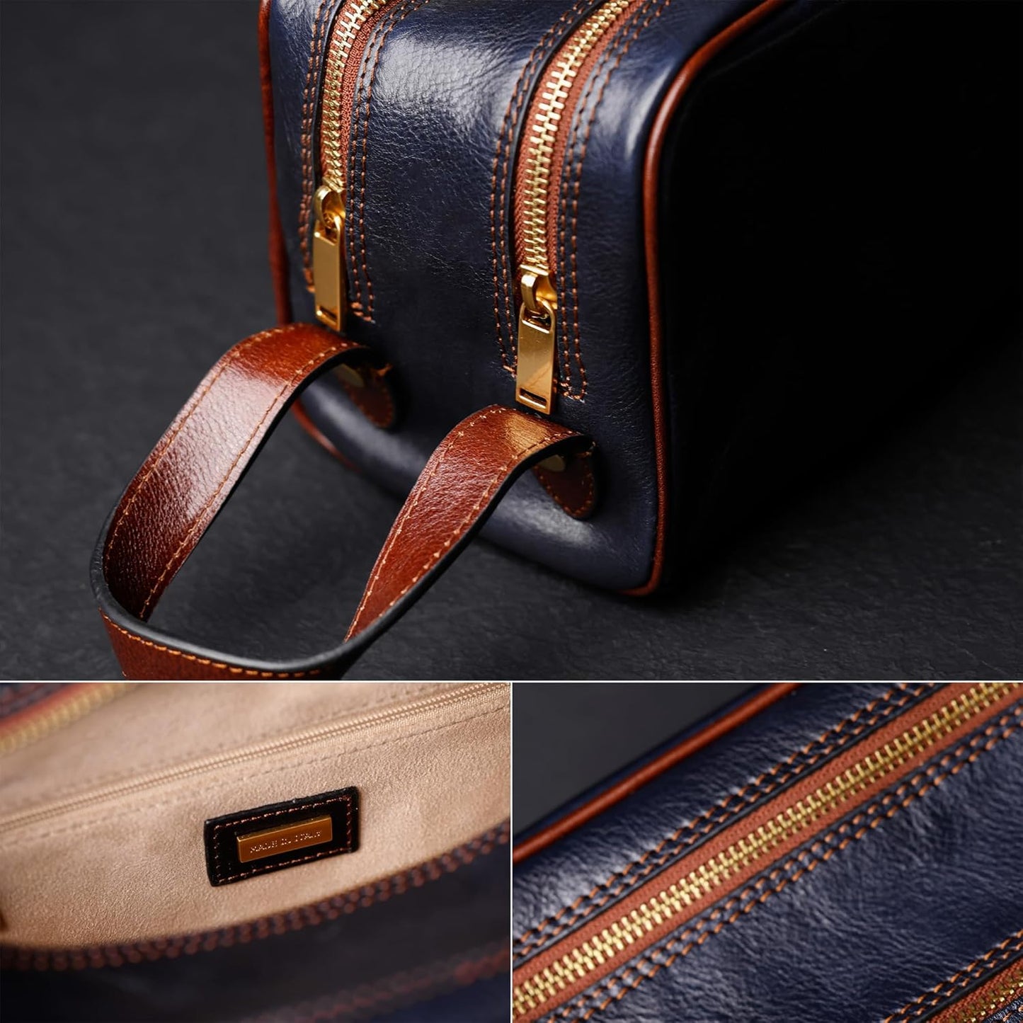 Time Resistance Leather Cosmetic Bag Toiletry Italian Classy Dopp Kit