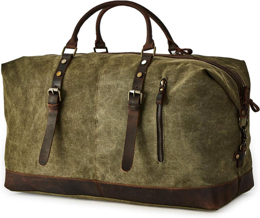 Oversized Canvas Genuine Leather Trim Travel Tote Duffel Shoulder Weekend Bag Weekender Overnight Carryon Handbag