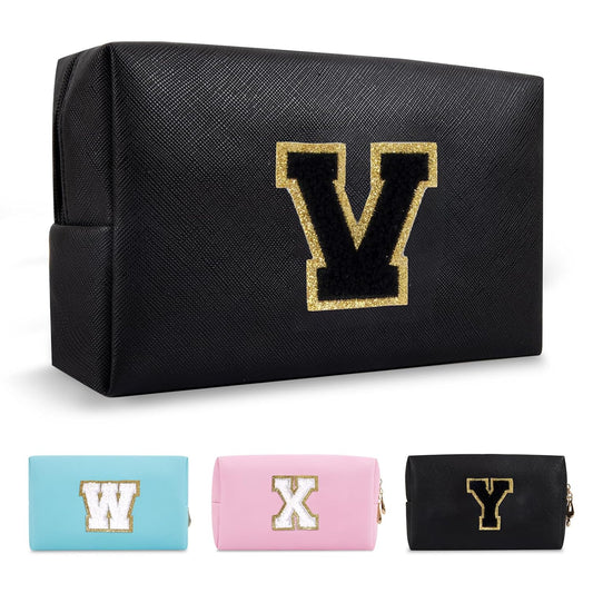 Personalized Initial A-Z Preppy Patch Makeup Bag,Small PU Chenille Letter Cosmetic Bag with Zipper for Teen Girls,Black Cute Toiletry Organizer Bag,Monogram Makeup Case Gift for Women Girls,Letter V