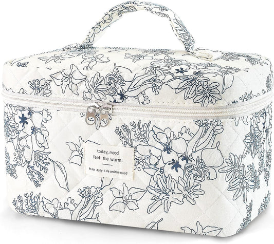 Large Travel Quilted Makeup Bag for Women, Floral Cotton Cosmetic Bag Cute Coquette Aesthetic Floral Toiletry Organizer Bag for Girls Little Blue Flower Cosmetic Zipper Storage Bag