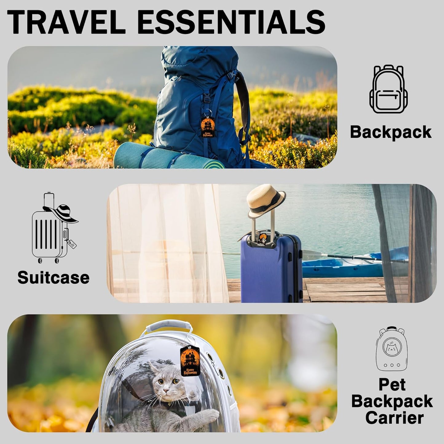 2 Pack Bat and Ghost Luggage Tags for Suitcases Happy Halloween Castle Leather Luggage Tags Privacy Cover ID Label with Stainless Steel Loop and Address Card for Women Men Travel Bag Backpack