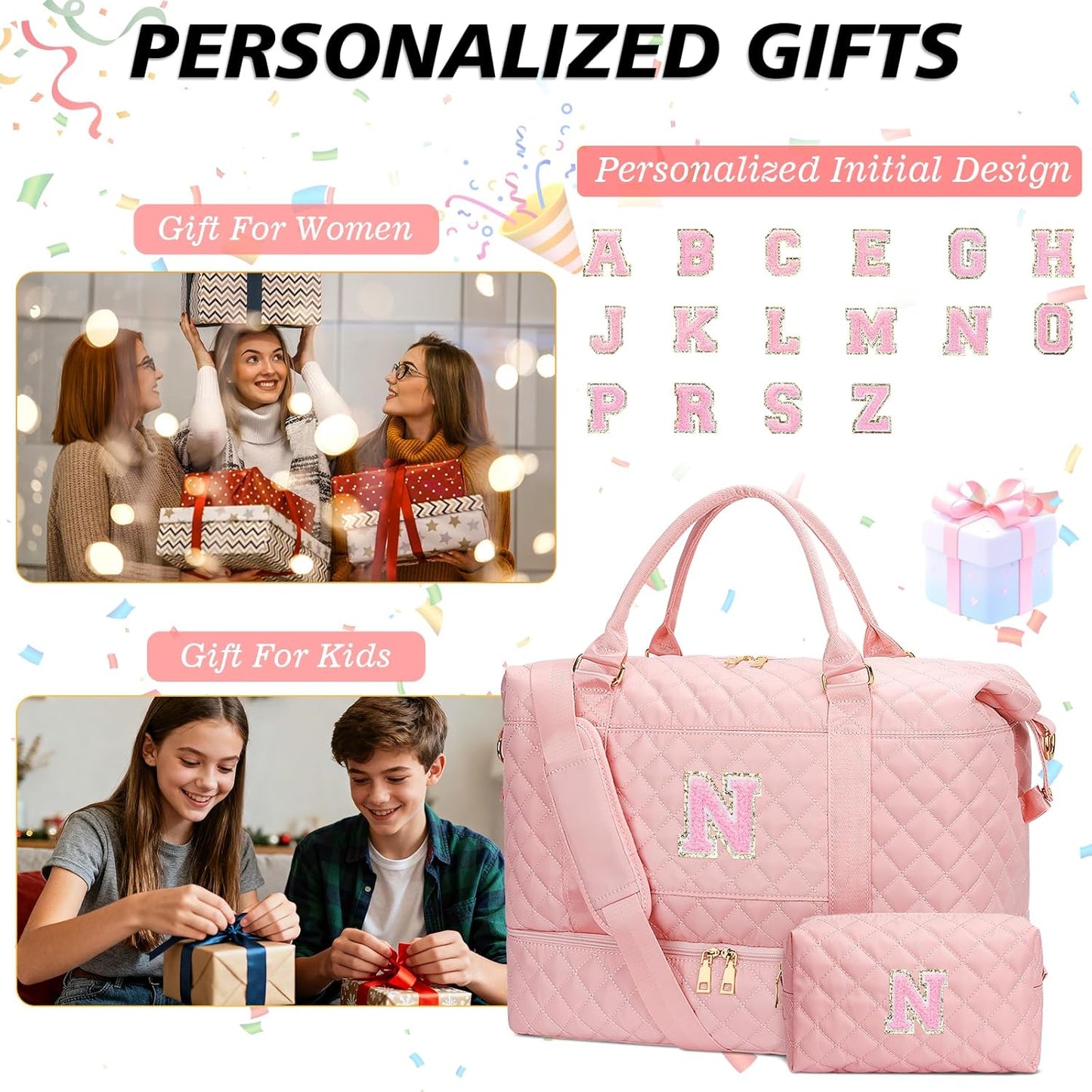 Gifts for Teen Girls Initial Travel Duffle Bag Quilted Weekender Bags Carry-On Overnight with Cosmetic Bag, Gym Bag with Shoe Compartment Hospital Bag for Women Labor Delivery, Pink-N