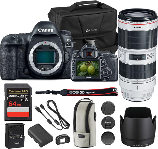Canon EOS 5D Mark IV DSLR Camera 30.4MP Full Frame with 4K Video, Dual Pixel AF, Wi-Fi, GPS | Pro Photography Camera for Portraits, Landscapes, and Video + Canon EF 70-200mm f/2.8L Lens + Bag + More