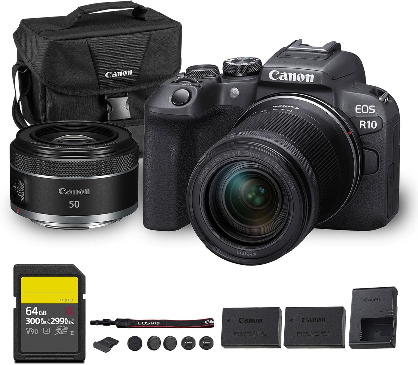 Canon EOS R10 Mirrorless Camera Kit | 24.2MP APS-C Sensor with RF-S 18-150mm Lens | 4K Video Dual Pixel AF Compact Travel Photography (5331C016) + Canon RF 50mm f/1.8 STM Lens + 64GB Card + More