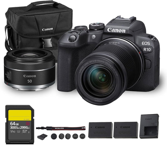 Canon EOS R10 Mirrorless Camera Kit | 24.2MP APS-C Sensor with RF-S 18-150mm Lens | 4K Video Dual Pixel AF Compact Travel Photography (5331C016) + Canon RF 50mm f/1.8 STM Lens + 64GB Card + More