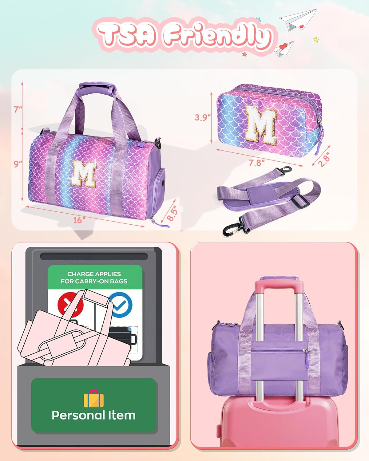 Birthday Gift for Granddaughter-Girl Gym Bag with Shoe Compartment, Kid Personalized Weekender Overnight Bags, Initial Travel Tote with Makeup Pouch, Christmas Gifts for Girls (Letter Z)