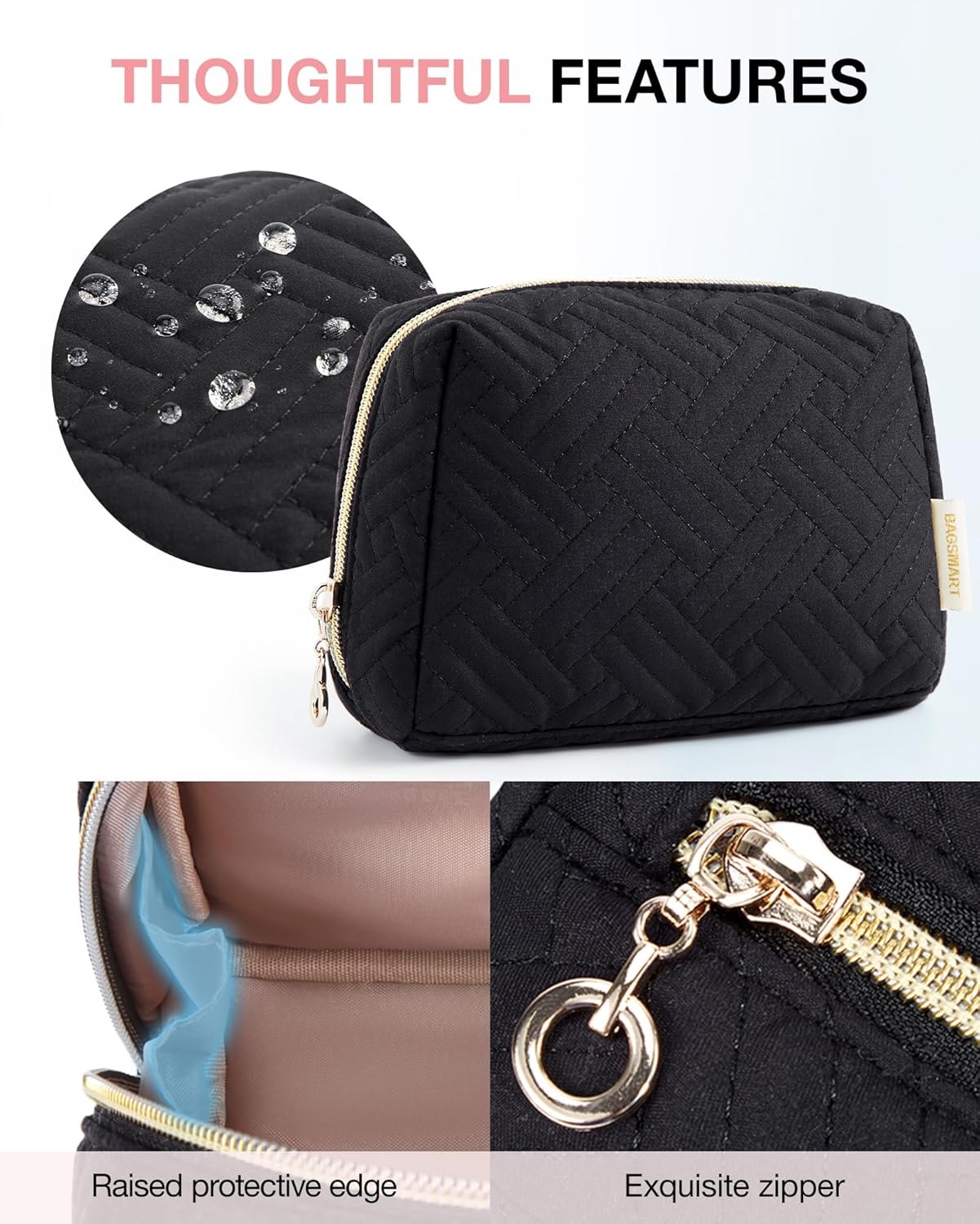 BAGSMART Small Makeup Bag, Travel Cosmetic Bag Make Up Pouch Small Travel Zipper Pouch,Water-resistant Toiletry Bag,Makeup Organizer Bag for Women, Black