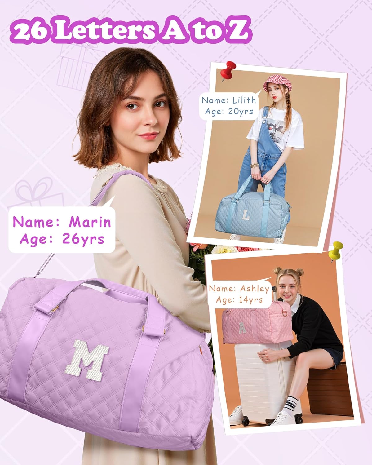 Monogram Duffle Bag Women Girls Gift: Initial Overnight bags, Dance Cheer bag Sports for Girl, Kid Gymnastics Bags, Birthday Gifts for Women Girls Kids Teens Mom Teacher