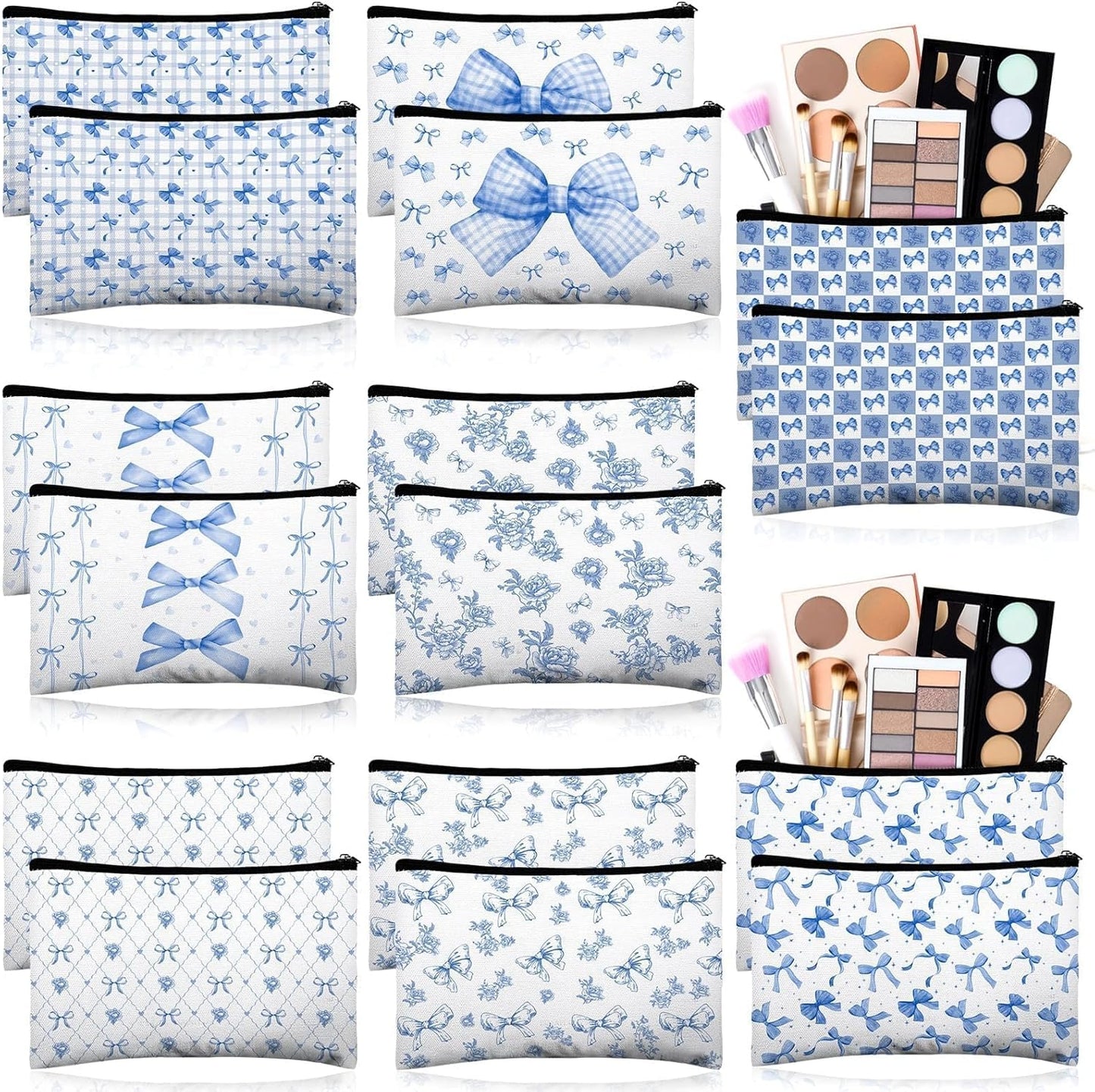 16 Pcs Bow Makeup Bags Bulk for Women Blue Coquette Aesthetic Preppy Cosmetic Bags Bow Floral Canvas Toiletry Bags Aesthetic Travel Zipper Pouches for Bridesmaids Wedding Party Favors Supplies