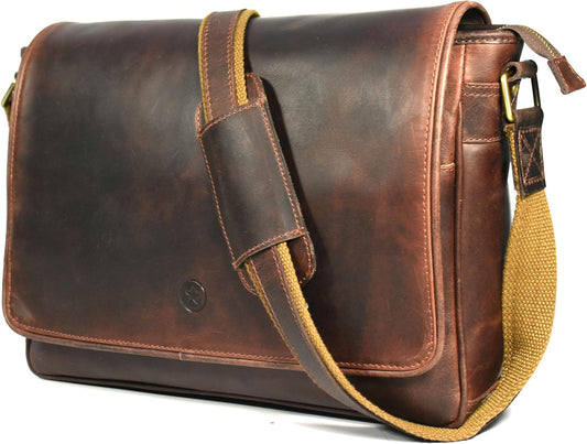 16" Crossbody Bag Leather Laptop Messenger Bag For Men with trolley sleeve for school office (Walnut)