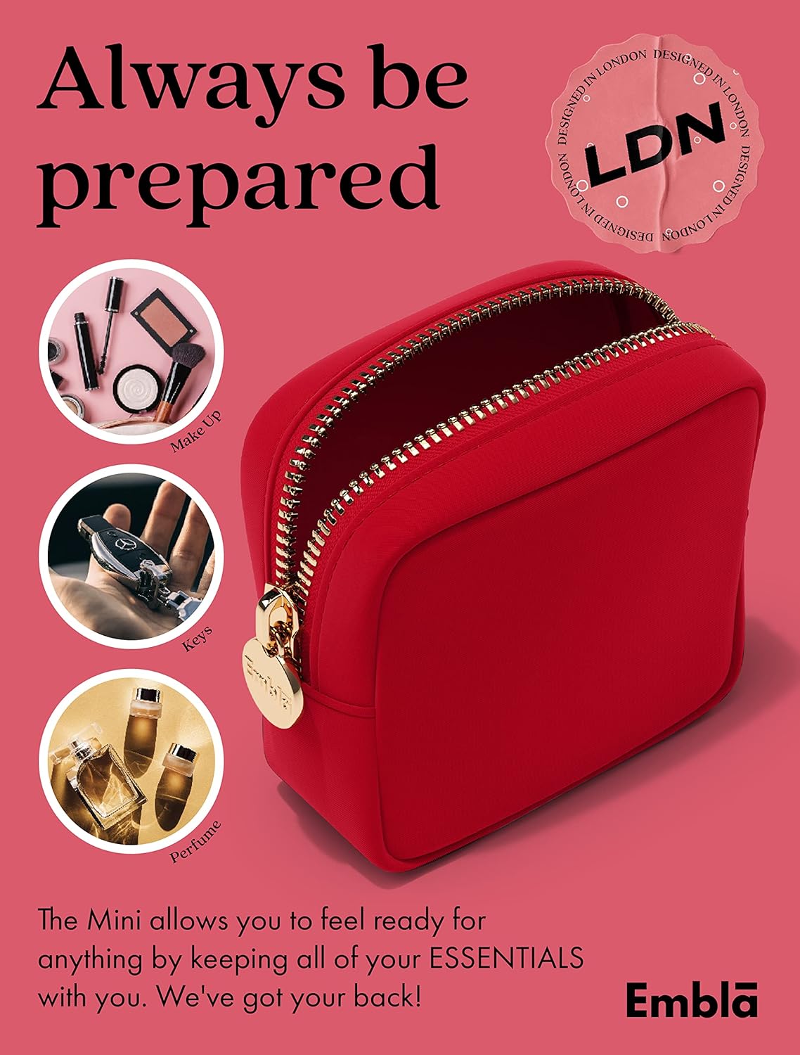 Embla Makeup Bag Travel Cosmetics Pouch and Toiletry Bag, Nylon Zipper Pouch Purse, Cute Make Up Organizer Storage Tote for Women Girls, Waterproof Travel Skincare Case, Small Makeup Bags, Ruby Red